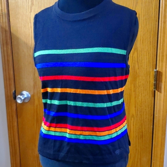 St. John sport rainbow striped on navy knit mock neck sleeveless sweater - Picture 1 of 5